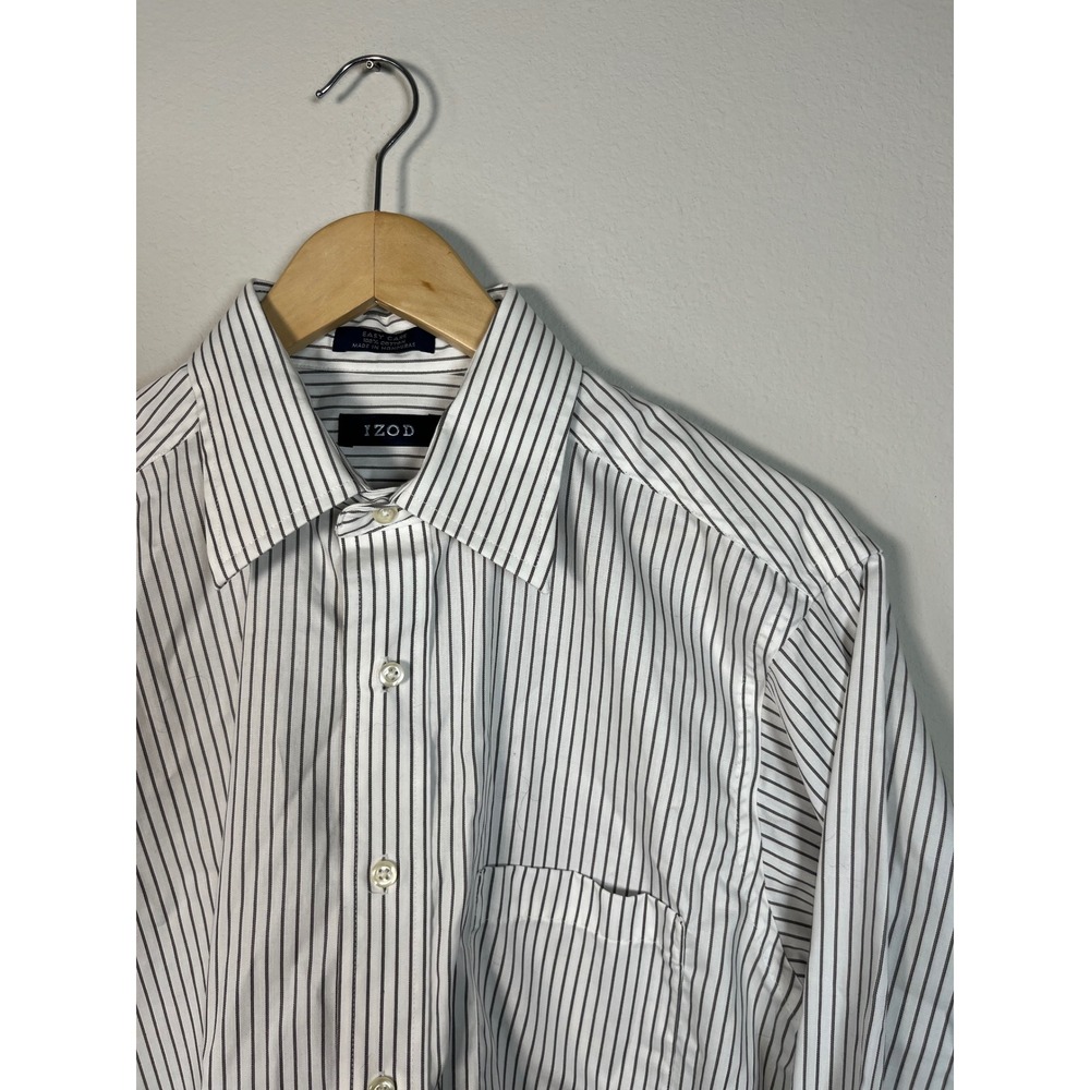 IZOD Mens White Striped Easy Care Button Down Dress Shirt 15.5 32/33 Medium